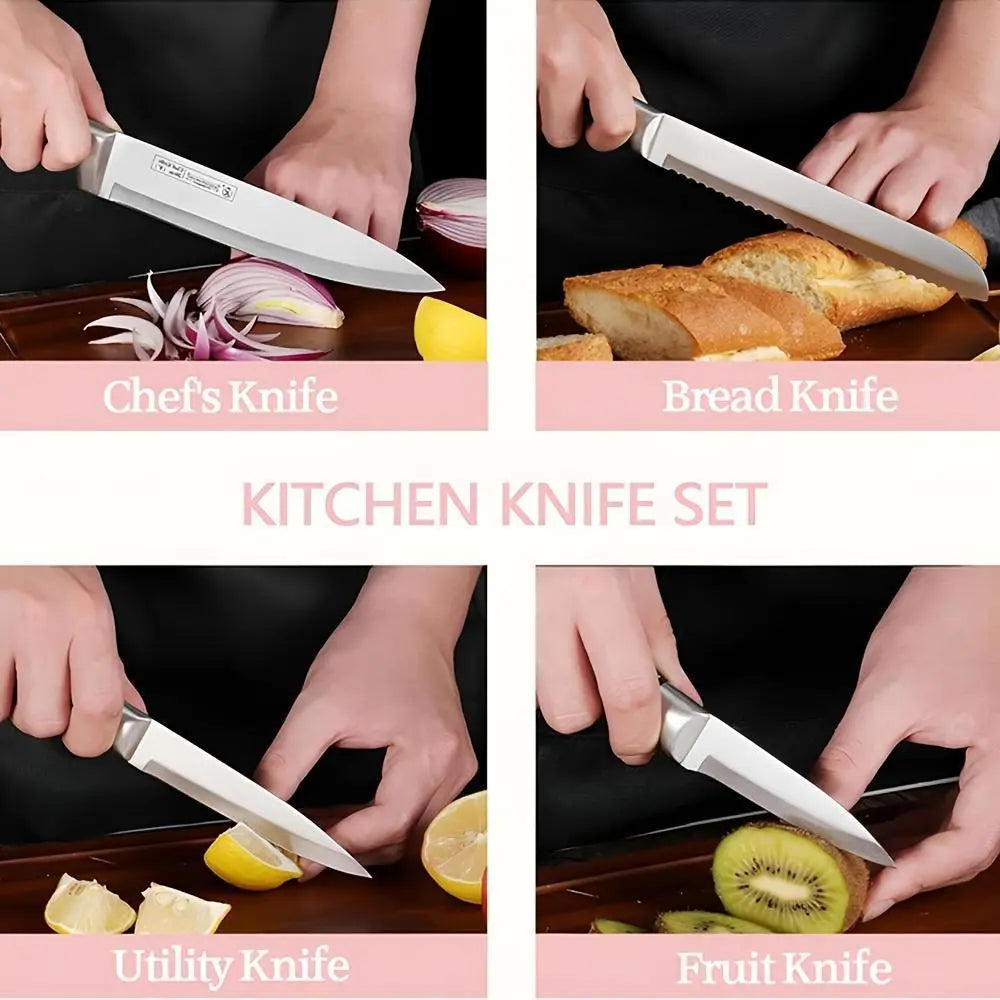 【Father'S Day Gift】9Pcs Kitchen Knives Set, Professional Chef, Bread, Cleaver, Paring, Utility Knife and Scissors Sharpener Peeler High Carbon Stainless Steel Ultra Sharp Non-Stick Multifunctional