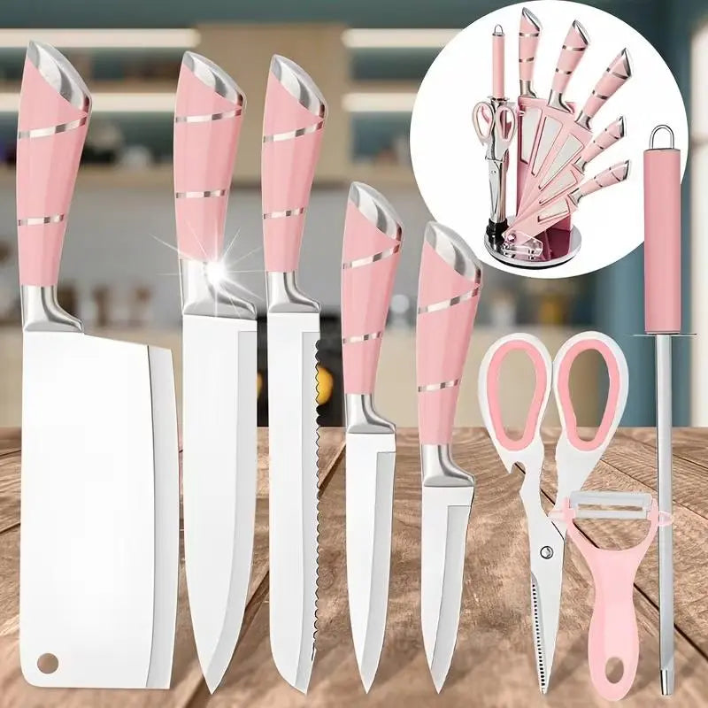 【Father'S Day Gift】9Pcs Kitchen Knives Set, Professional Chef, Bread, Cleaver, Paring, Utility Knife and Scissors Sharpener Peeler High Carbon Stainless Steel Ultra Sharp Non-Stick Multifunctional