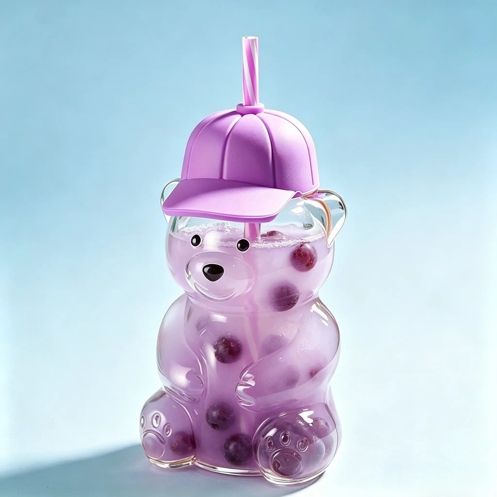 Creative Baseball Cap Bear Glass Cup, High Aesthetic 600ML Straw Water Bottle, Trendy Reusable Drinkware for Daily Use, Straw Portable Bottle, Glass Drinking Bottle