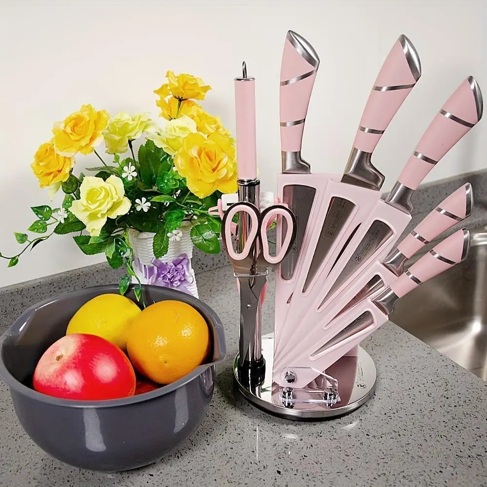 【Father'S Day Gift】9Pcs Kitchen Knives Set, Professional Chef, Bread, Cleaver, Paring, Utility Knife and Scissors Sharpener Peeler High Carbon Stainless Steel Ultra Sharp Non-Stick Multifunctional