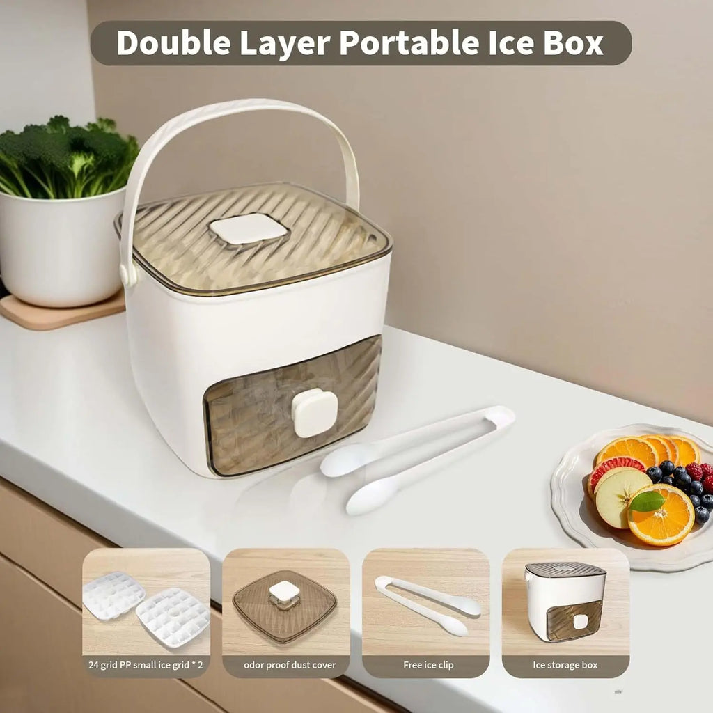 Double-Deck 48-Cube Portable Ice Maker & Ice Cream Maker Machines, Easy-Press Lid, Silicone Trays, Durable Countertop Tool for Cold Summer Drinks, DIY Frozen Food, Icecream Maker Machines