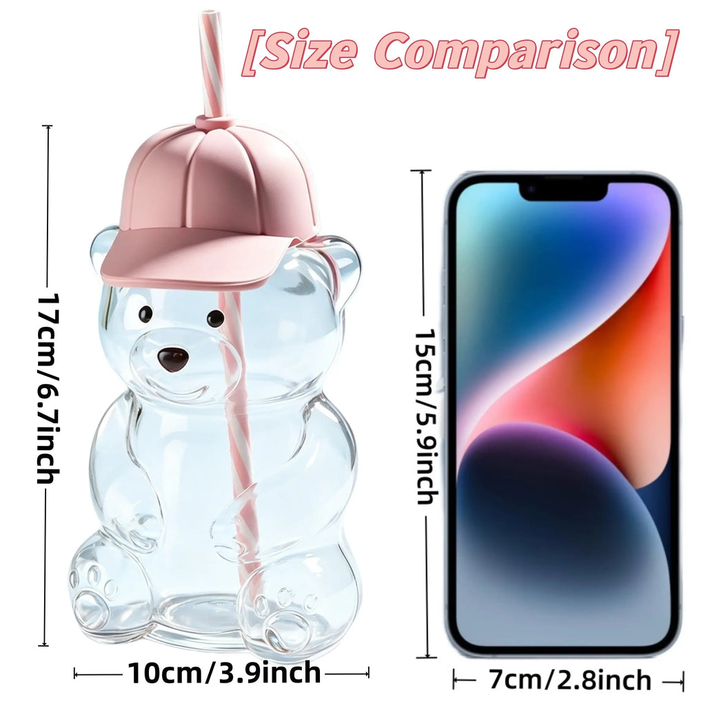 Creative Baseball Cap Bear Glass Cup, High Aesthetic 600ML Straw Water Bottle, Trendy Reusable Drinkware for Daily Use, Straw Portable Bottle, Glass Drinking Bottle