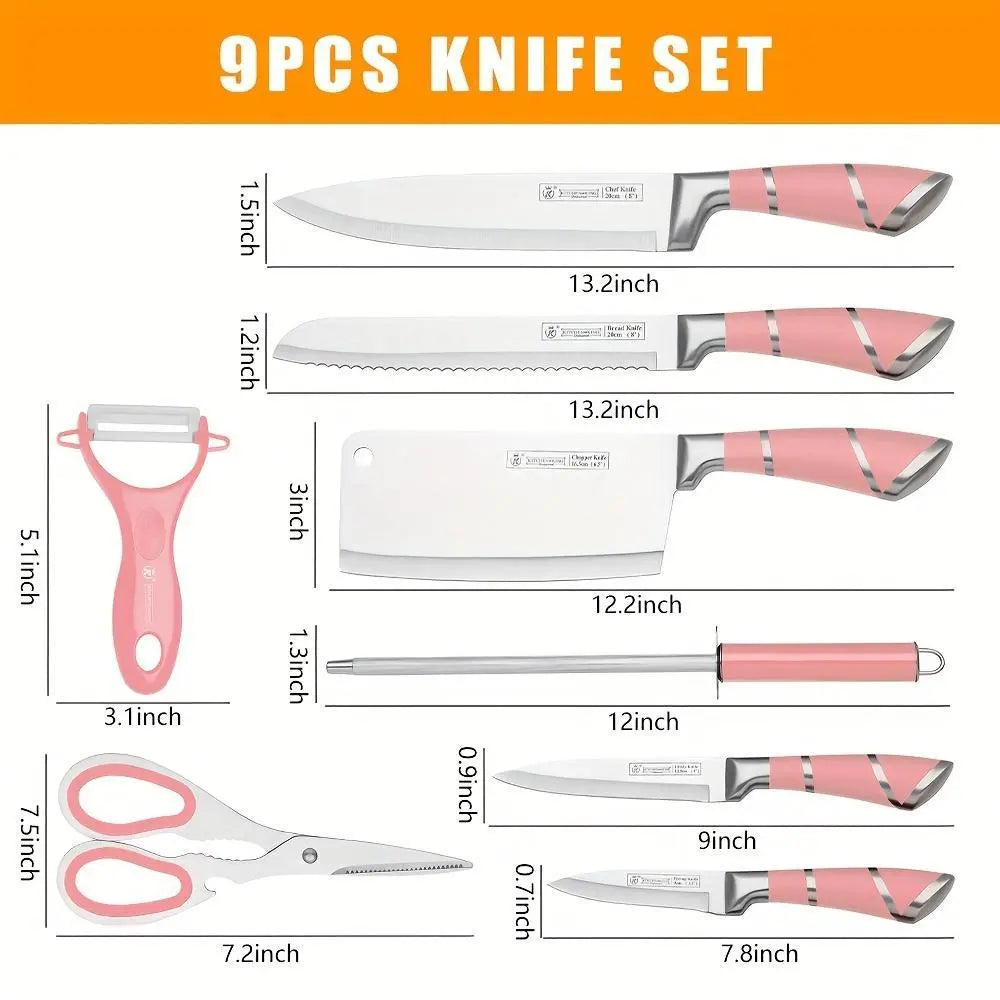 【Father'S Day Gift】9Pcs Kitchen Knives Set, Professional Chef, Bread, Cleaver, Paring, Utility Knife and Scissors Sharpener Peeler High Carbon Stainless Steel Ultra Sharp Non-Stick Multifunctional