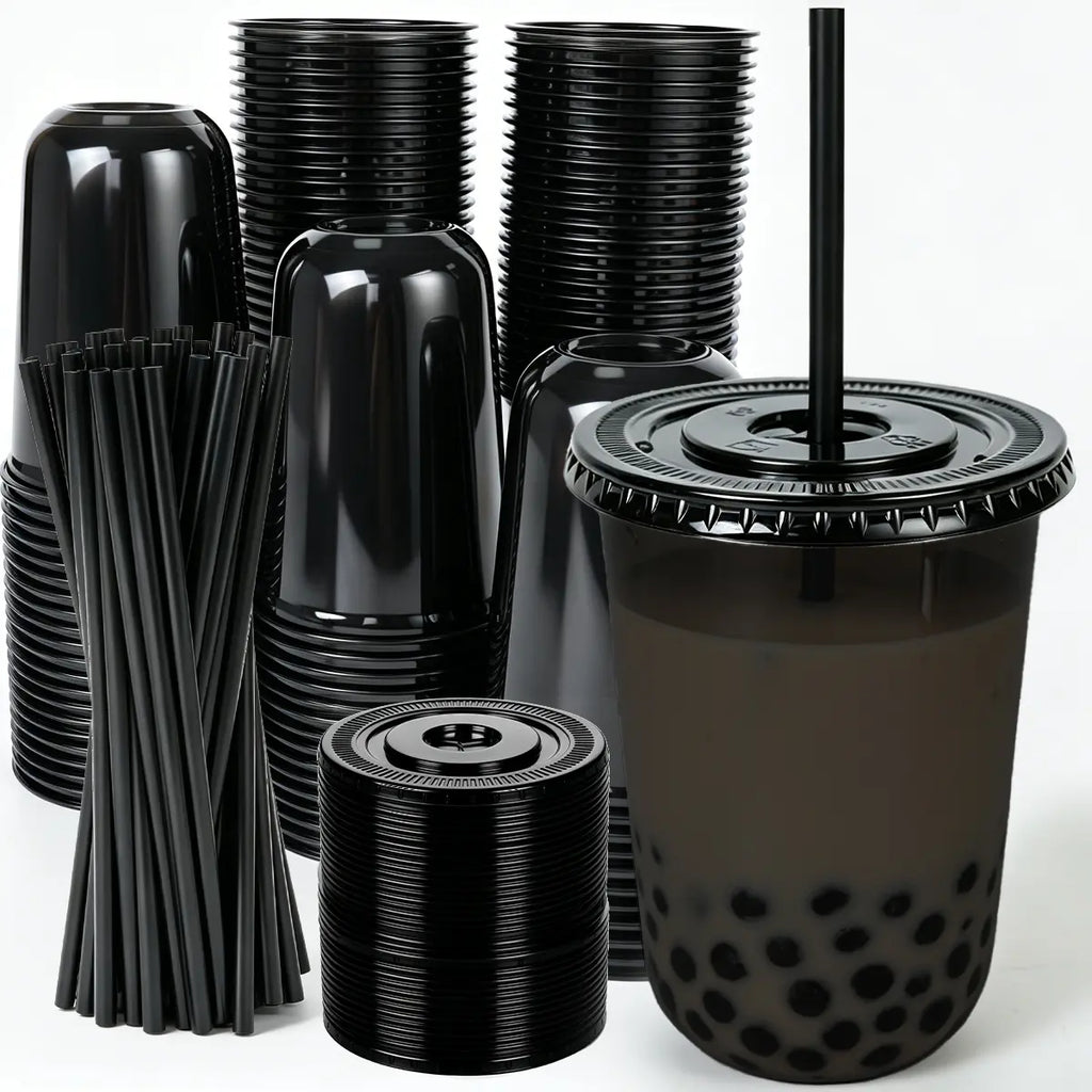 16Oz Disposable Stemless Glasses with Flat Lids and Straws, PET Disposable Drinking Cups, Plastic Wine Glasses Parties Birthday, Wedding, Meeting, Party Supplies. (100, Black)