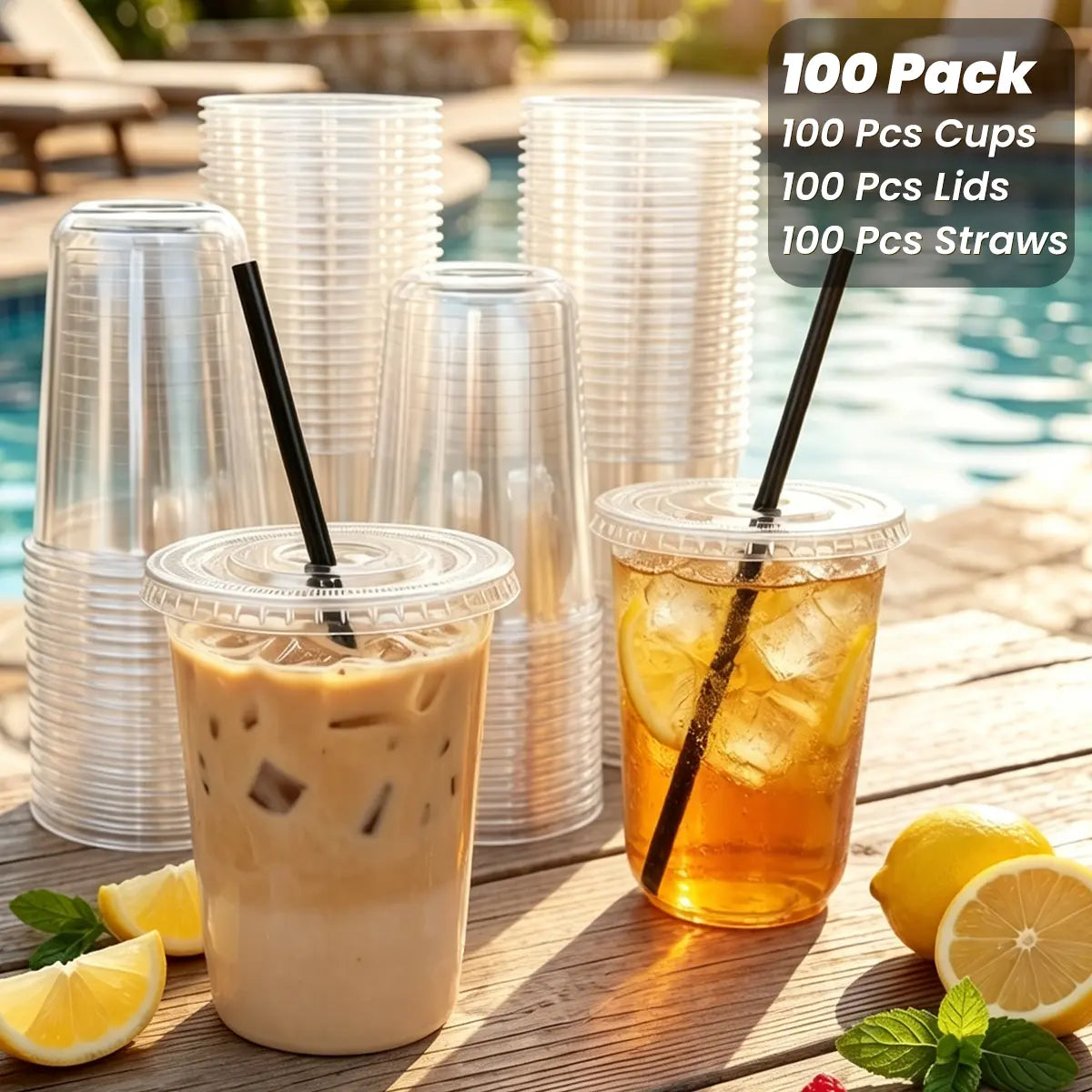 16Oz Disposable Stemless Glasses with Flat Lids and Straws, PET Disposable Drinking Cups, Plastic Wine Glasses Parties Birthday, Wedding, Meeting, Party Supplies. (100, Black)