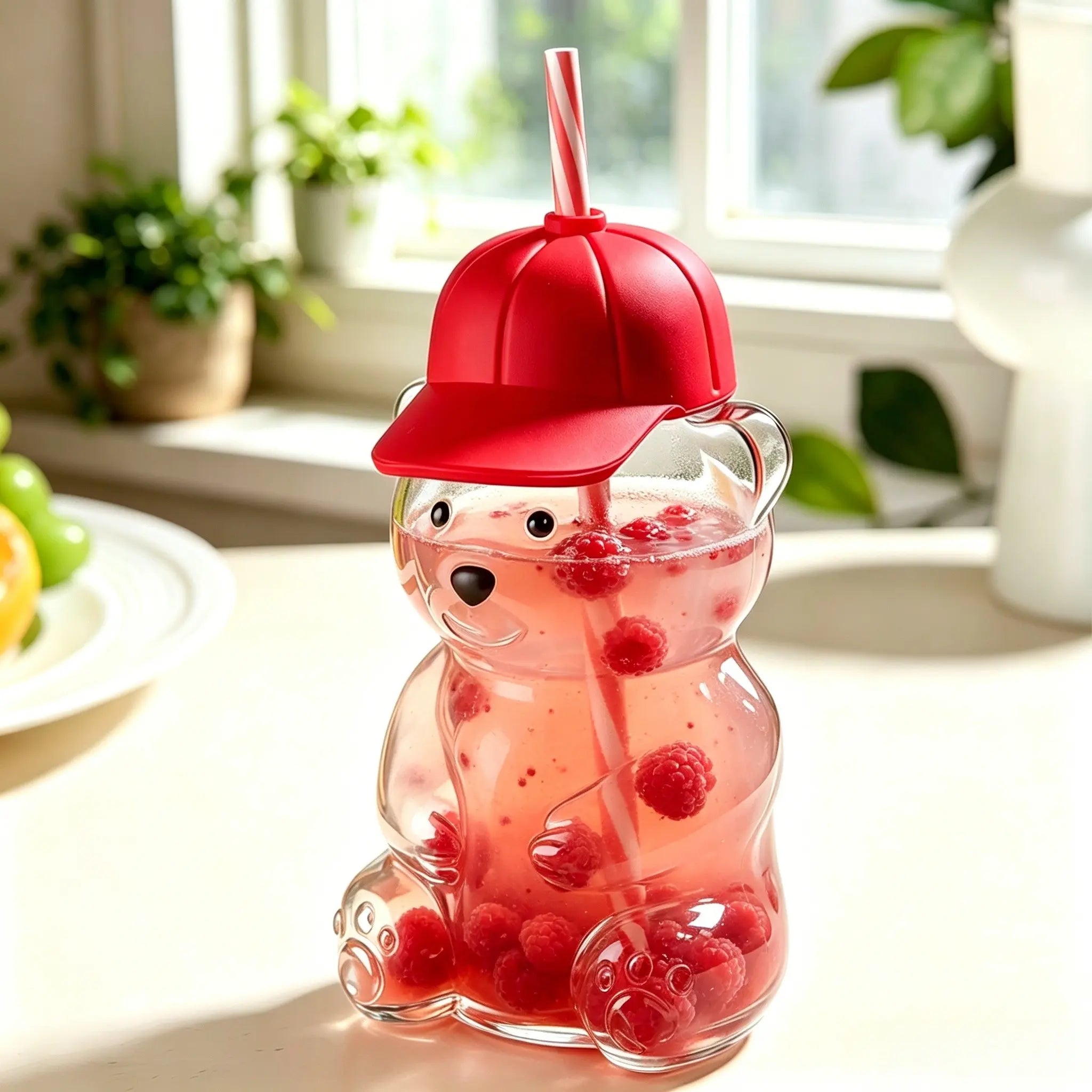 Creative Baseball Cap Bear Glass Cup, High Aesthetic 600ML Straw Water Bottle, Trendy Reusable Drinkware for Daily Use, Straw Portable Bottle, Glass Drinking Bottle