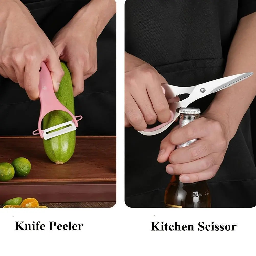 【Father'S Day Gift】9Pcs Kitchen Knives Set, Professional Chef, Bread, Cleaver, Paring, Utility Knife and Scissors Sharpener Peeler High Carbon Stainless Steel Ultra Sharp Non-Stick Multifunctional