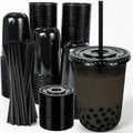 16Oz Disposable Stemless Glasses with Flat Lids and Straws, PET Disposable Drinking Cups, Plastic Wine Glasses Parties Birthday, Wedding, Meeting, Party Supplies. (100, Black)
