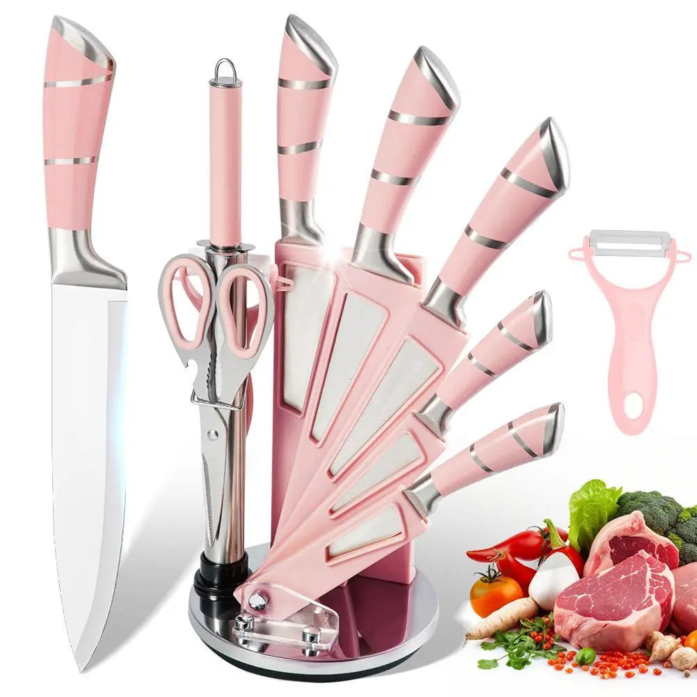 【Father'S Day Gift】9Pcs Kitchen Knives Set, Professional Chef, Bread, Cleaver, Paring, Utility Knife and Scissors Sharpener Peeler High Carbon Stainless Steel Ultra Sharp Non-Stick Multifunctional
