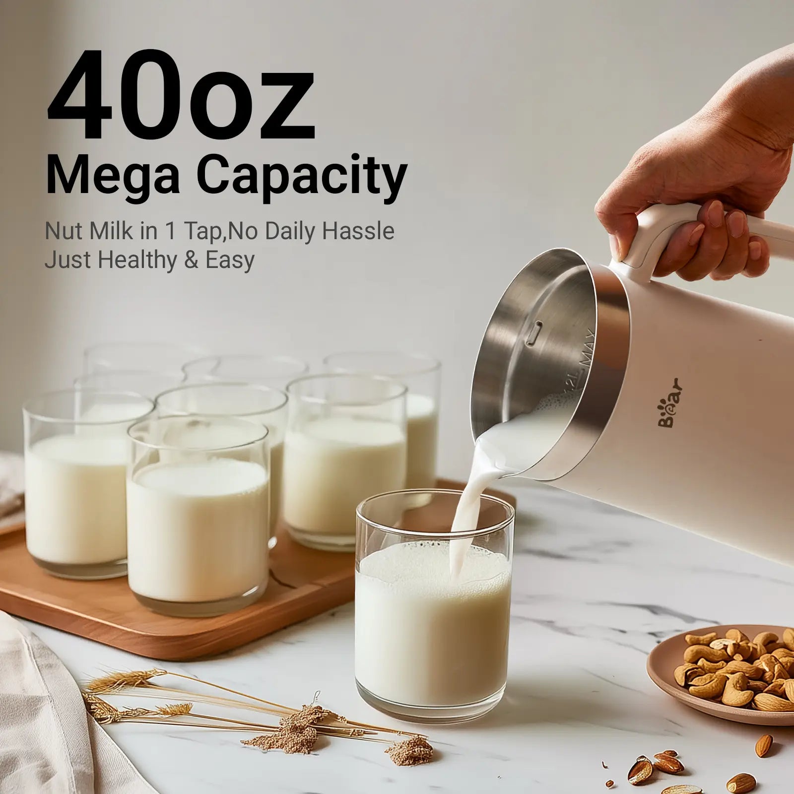 Bear 8 in 1 Nut Milk Maker Machine, 40Oz/1.2L Soy Milk Maker with Self Clean/12H Delay/6H Keep Warm, One Touch Alomnd Milk Maker for Homemade Oat, Soup, Juice, Plant Based and Non Dairy Beverages
